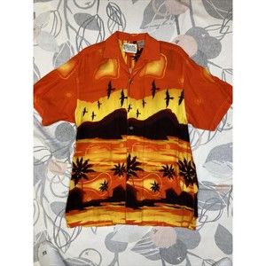 Thums Up Aloha Palms Orange Hawaiian CAMP Button Short Sleeve SHIRT L Bird Palms